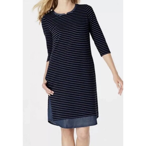 J. JIll Notched Neck Striped 3/4 Sleeve Casual Denim Lined Sheath Dress Sz Mediu - Picture 1 of 16